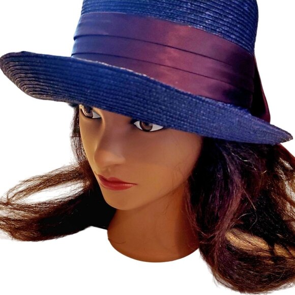 Vintage Straw Hat Blue Bowler Faded Purple Satin Ribbon - Picture 1 of 10